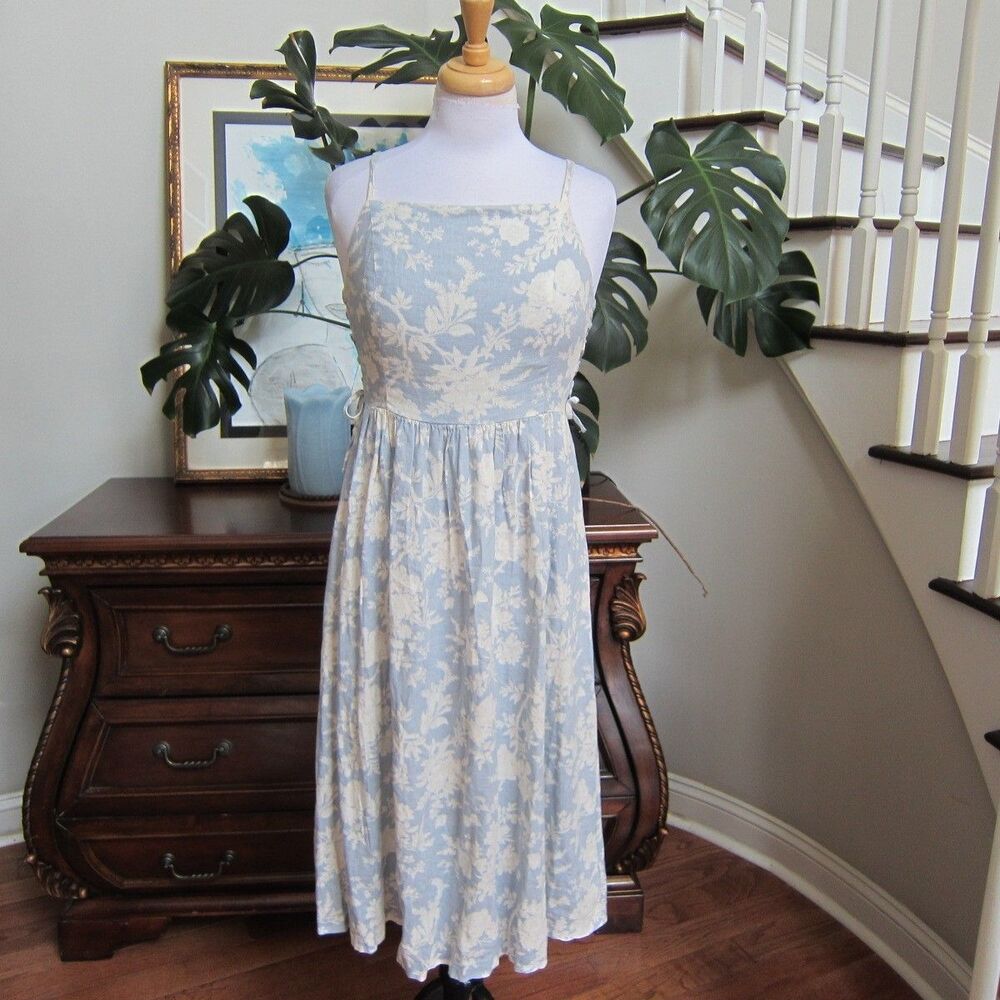 Laura Ashley x Urban Outfitters Size S Blue Floral Linen Blend Midi Dress